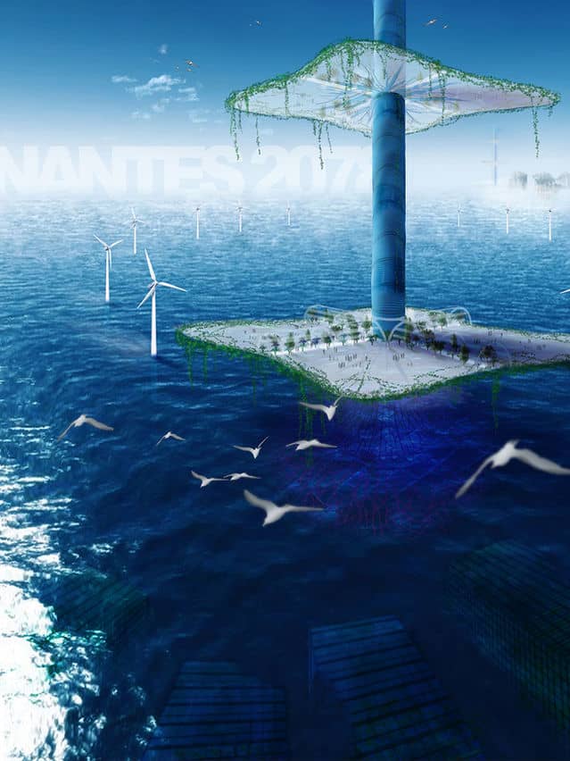 Affihe en matte painting. Une plateforme futuriste et végétale est dans l'eau, à côté d'éoliennes elles aussi dans l'eau