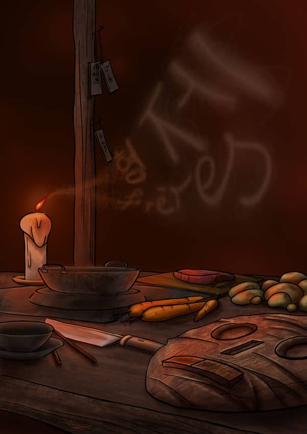 Illustration en digital painting. Une bougie est allumée à côté d'un plan de travail de cuisine