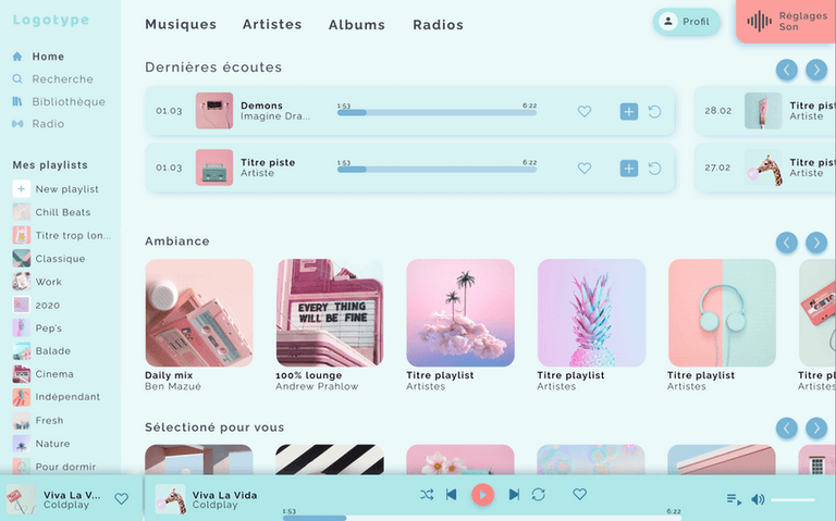 Interface d'application de musique réalisée avec Figma